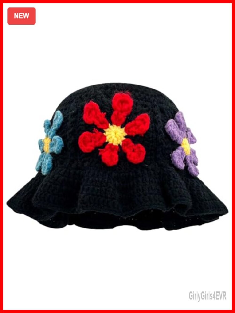 Crochet Bucket Hat with Flower Appliques Hollow Out Foldable Knit Hat